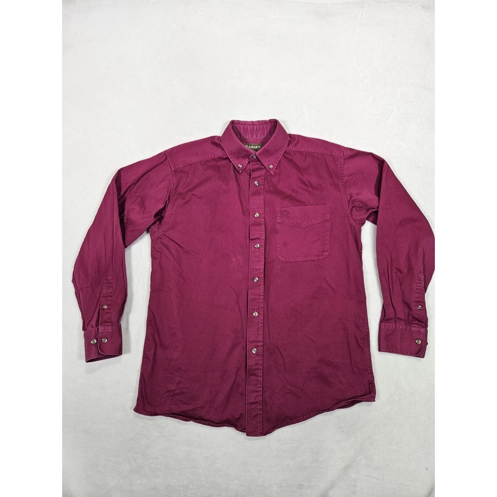 Ariat Shirt Mens Med Red Long Sleeve Button Down Pocket Logo 100% Cotton Western